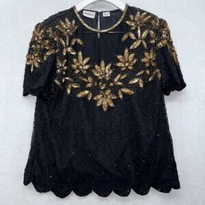 Vintage Women’s Denise Elle 100% Silk Short Sleeve Beaded Sequins Blouse PSmall